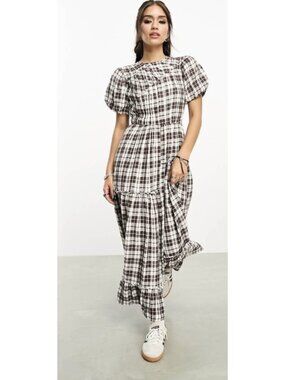 RECLAIMED VINTAGE Textured Check Plaid Shirring Maxi Dress Size 0 Retro Modest